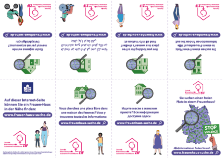 Leporello mit Informationen zur Frauenhaus-Suche <br>
Druckeinstellung: "ohne Rand" leporello